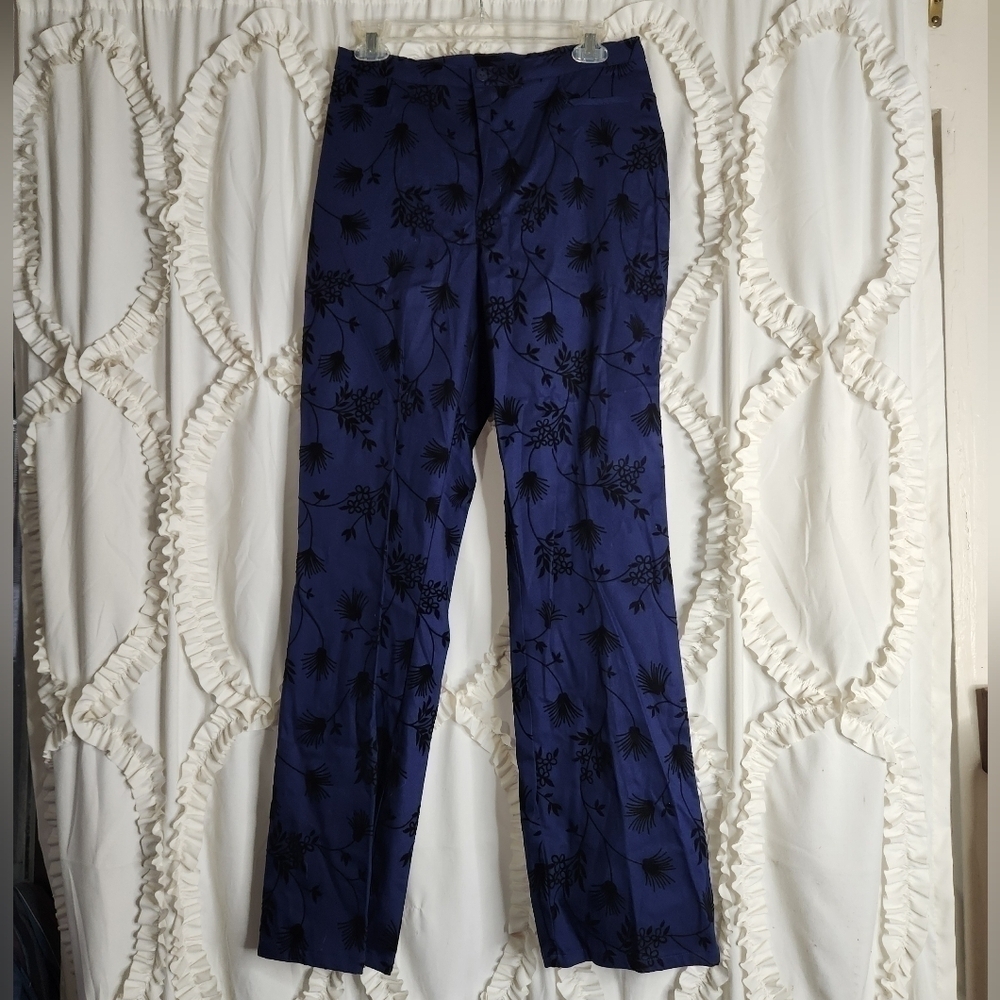 Vintage 90s Moda International Floral Blue Pants Velvet Casual sz Medium
